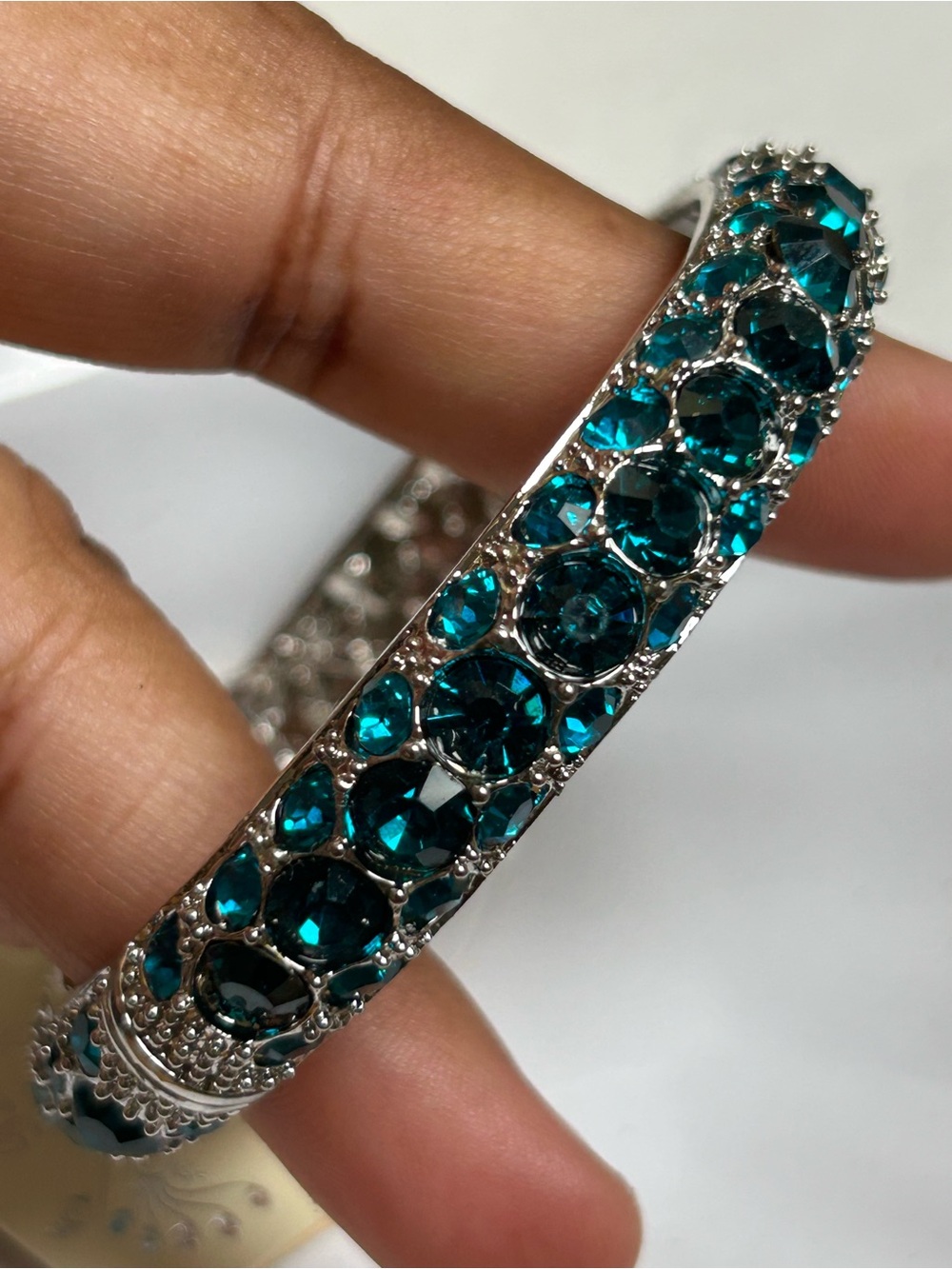 Teal Crystal Silver-Tone Bangle Bracelet - Women Jewelry